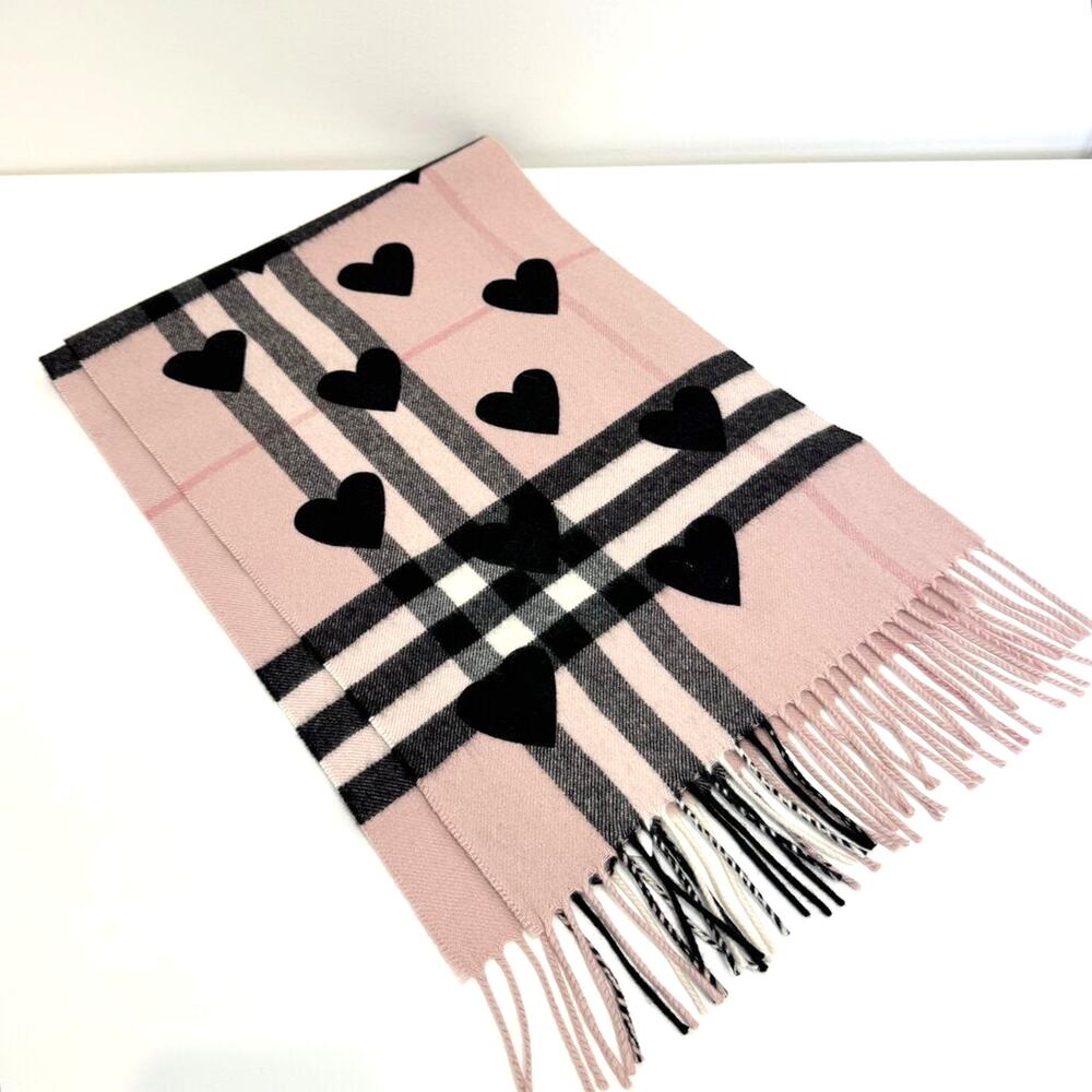 Burberry Pink Nova Check Black Heart Fringe Cashmere Neck Scarf Gray Pattern